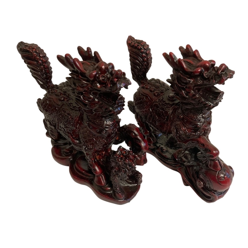 Qilin Kylin Dragon Horse Statues Pair 4.5" Red